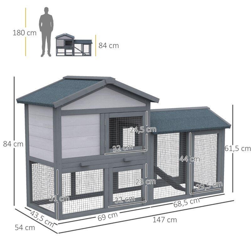 Outdoor Wooden Rabbit Hutch Rabbit Cage with Removable Tray Non-slip Ramp Built-in Doors Large Activity Space 147x54x84 cm Gray