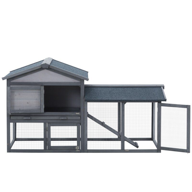 Outdoor Wooden Rabbit Hutch Rabbit Cage with Removable Tray Non-slip Ramp Built-in Doors Large Activity Space 147x54x84 cm Gray