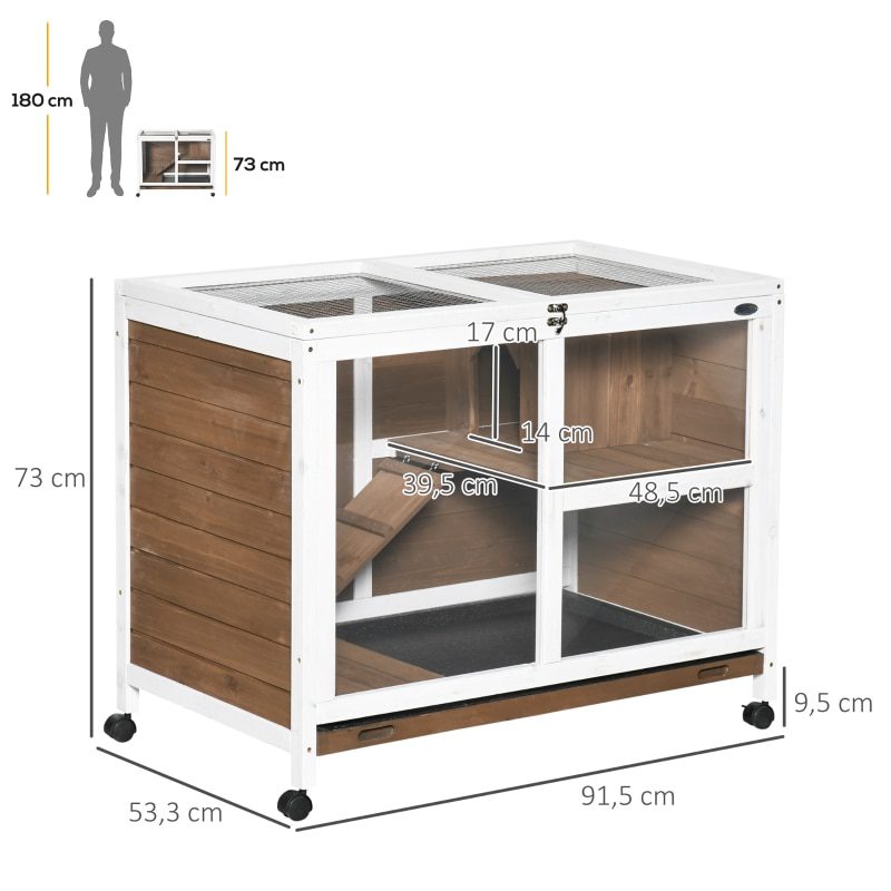 Wooden Rabbit Hutch with Wheels 91,5x53,5x73 cm Rabbit Cage 2 Levels with Folding Roof Brown