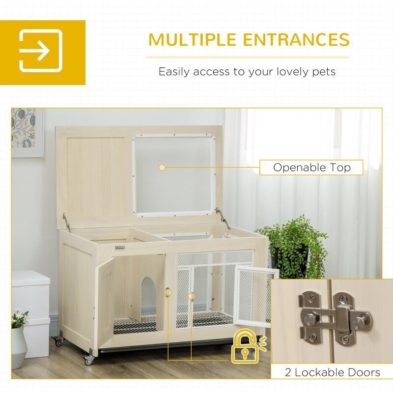 Rabbit Hutch Indoor Bunny Cage Furniture on Wheels with Pull Out Tray, Openable Top, Natural, 37.5" x 21" x 24.5"