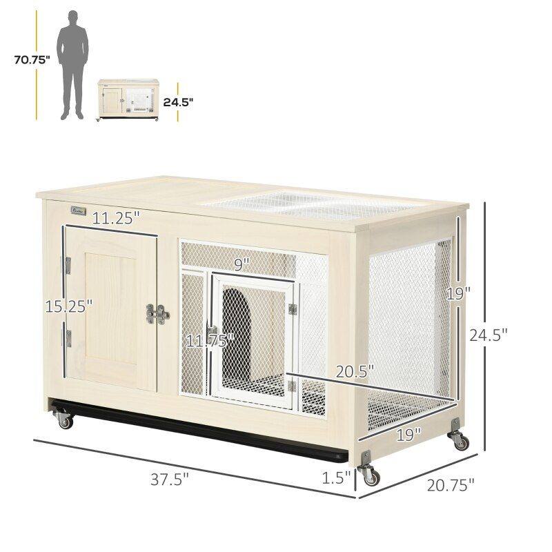 Rabbit Hutch Indoor Bunny Cage Furniture on Wheels with Pull Out Tray, Openable Top, Natural, 37.5" x 21" x 24.5"