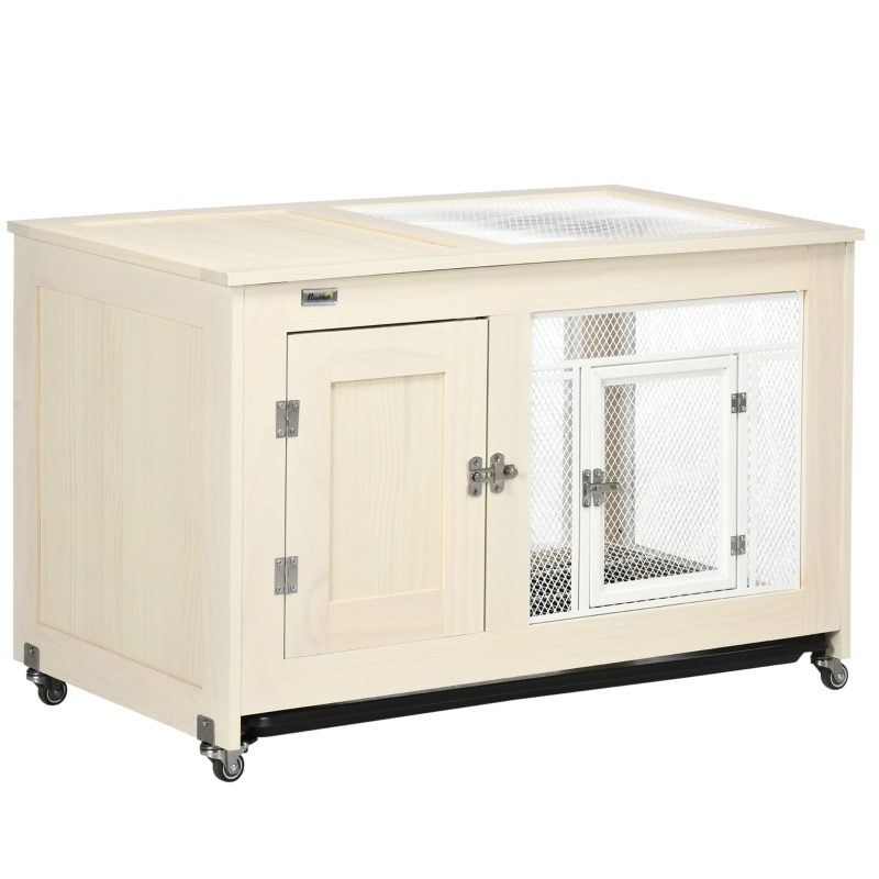 Rabbit Hutch Indoor Bunny Cage Furniture on Wheels with Pull Out Tray, Openable Top, Natural, 37.5" x 21" x 24.5"