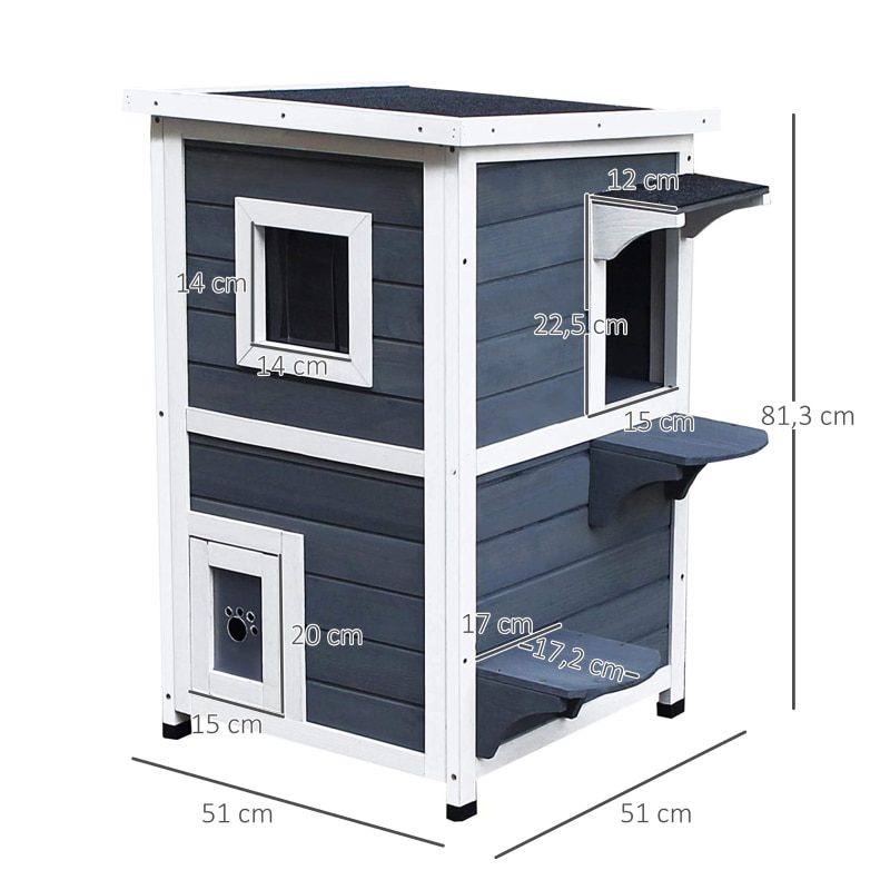 Outdoor Wooden Cat House 2-Story Cat House with Openable Roof Windows and 2 Platforms for Terrace Balcony Garden