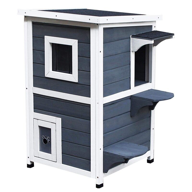 Outdoor Wooden Cat House 2-Story Cat House with Openable Roof Windows and 2 Platforms for Terrace Balcony Garden