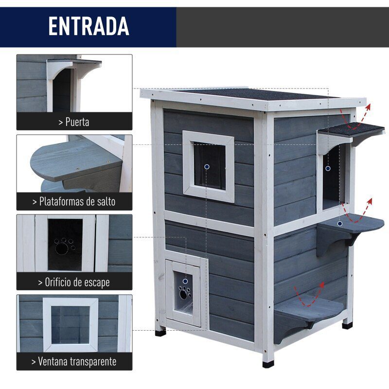 Outdoor Wooden Cat House 2-Story Cat House with Openable Roof Windows and 2 Platforms for Terrace Balcony Garden