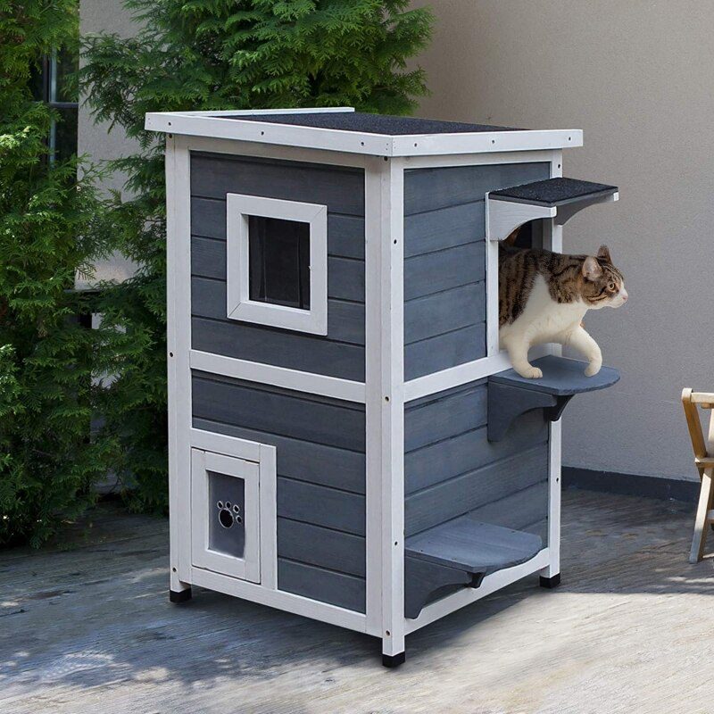 Outdoor Wooden Cat House 2-Story Cat House with Openable Roof Windows and 2 Platforms for Terrace Balcony Garden