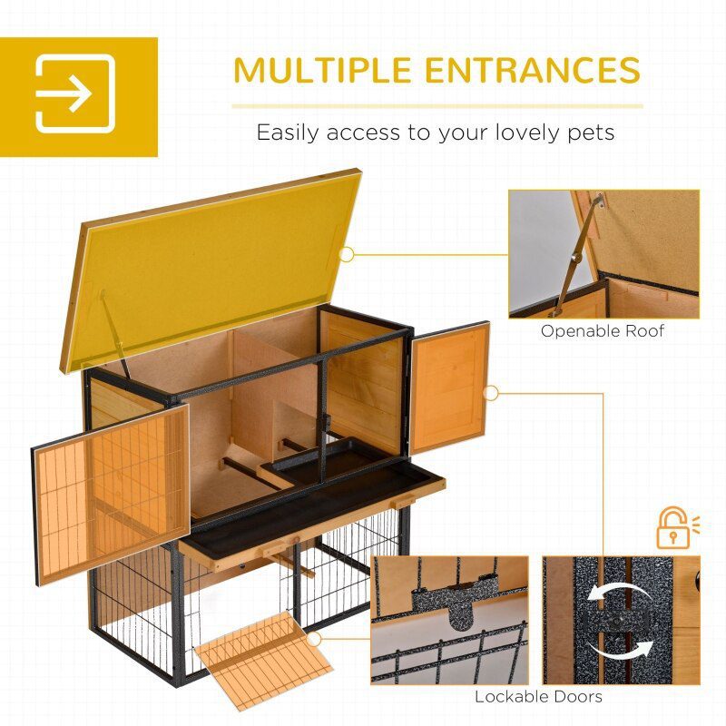 Wood  Rabbit Hutch Elevated Pet House Bunny Cage Small Animal Habitat with Slide-out Tray Asphalt Openable Roof Lockable Door