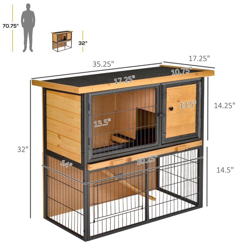 Wood  Rabbit Hutch Elevated Pet House Bunny Cage Small Animal Habitat with Slide-out Tray Asphalt Openable Roof Lockable Door