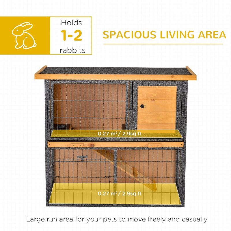 Wood  Rabbit Hutch Elevated Pet House Bunny Cage Small Animal Habitat with Slide-out Tray Asphalt Openable Roof Lockable Door