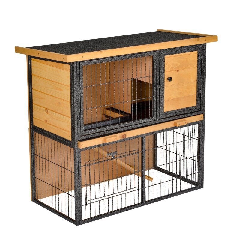 Wood  Rabbit Hutch Elevated Pet House Bunny Cage Small Animal Habitat with Slide-out Tray Asphalt Openable Roof Lockable Door