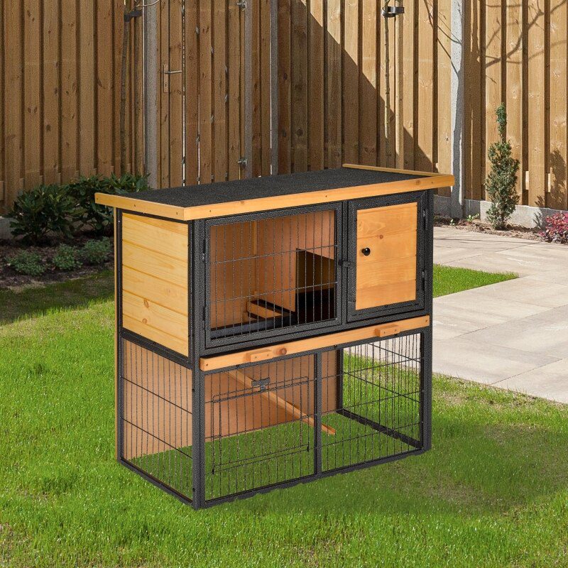 Wood  Rabbit Hutch Elevated Pet House Bunny Cage Small Animal Habitat with Slide-out Tray Asphalt Openable Roof Lockable Door