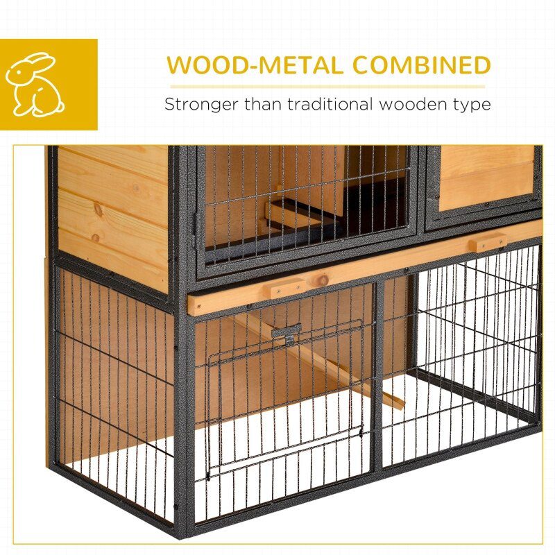 Wood  Rabbit Hutch Elevated Pet House Bunny Cage Small Animal Habitat with Slide-out Tray Asphalt Openable Roof Lockable Door