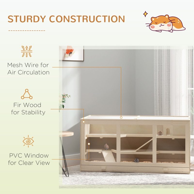 Wooden Hamster Cage Hutch and Exercise Play House Pen with Large Lockable Opening Roof Door -Natural Wood