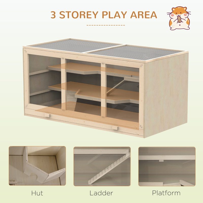 Wooden Hamster Cage Hutch and Exercise Play House Pen with Large Lockable Opening Roof Door -Natural Wood