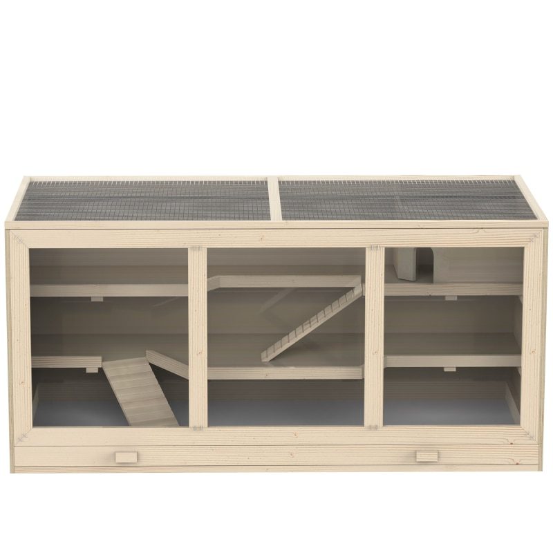 Wooden Hamster Cage Hutch and Exercise Play House Pen with Large Lockable Opening Roof Door -Natural Wood