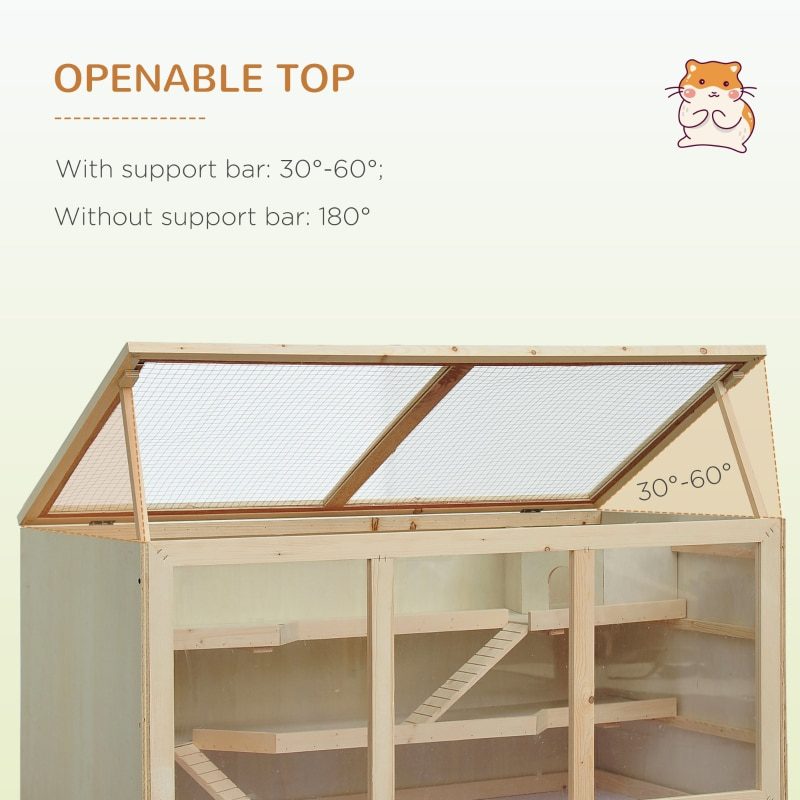 Wooden Hamster Cage Hutch and Exercise Play House Pen with Large Lockable Opening Roof Door -Natural Wood