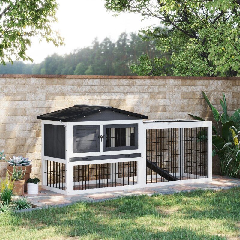 Rabbit Hutch Metal Bunny Cage, Wire and Easy Clean Tray with 2 House Levels and Patio Space 59" L x 20.75" W x 26.75" H