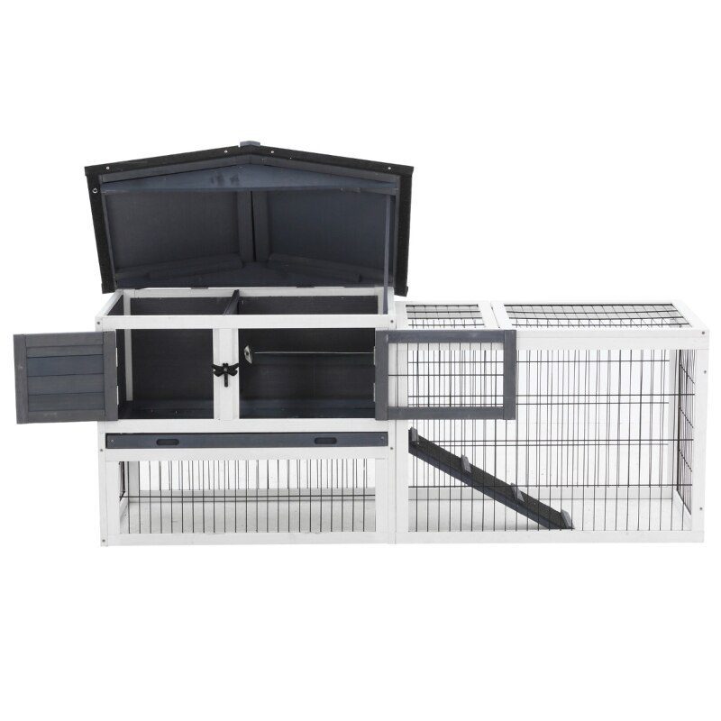 Rabbit Hutch Metal Bunny Cage, Wire and Easy Clean Tray with 2 House Levels and Patio Space 59" L x 20.75" W x 26.75" H