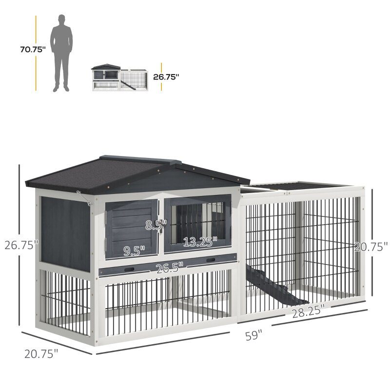 Rabbit Hutch Metal Bunny Cage, Wire and Easy Clean Tray with 2 House Levels and Patio Space 59" L x 20.75" W x 26.75" H