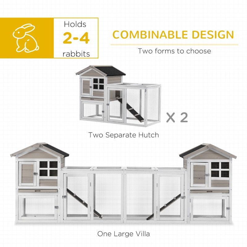 102" Wooden Rabbit Hutch Double Main House Pet Playpen Large Bunny House Enclosure with Run Box, Slide-out Tray, Ramp