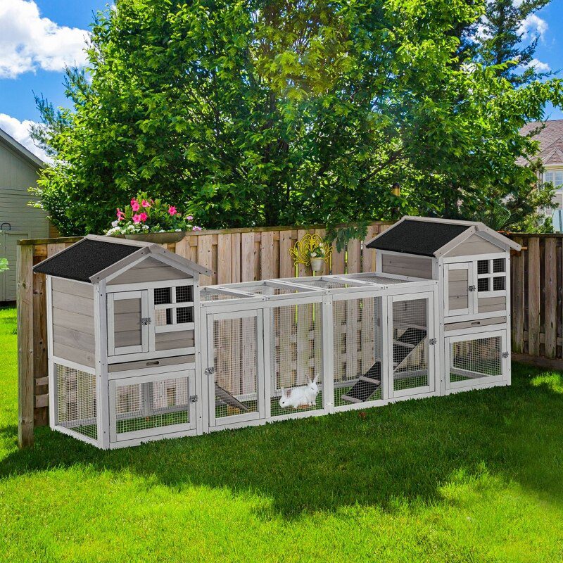 102" Wooden Rabbit Hutch Double Main House Pet Playpen Large Bunny House Enclosure with Run Box, Slide-out Tray, Ramp