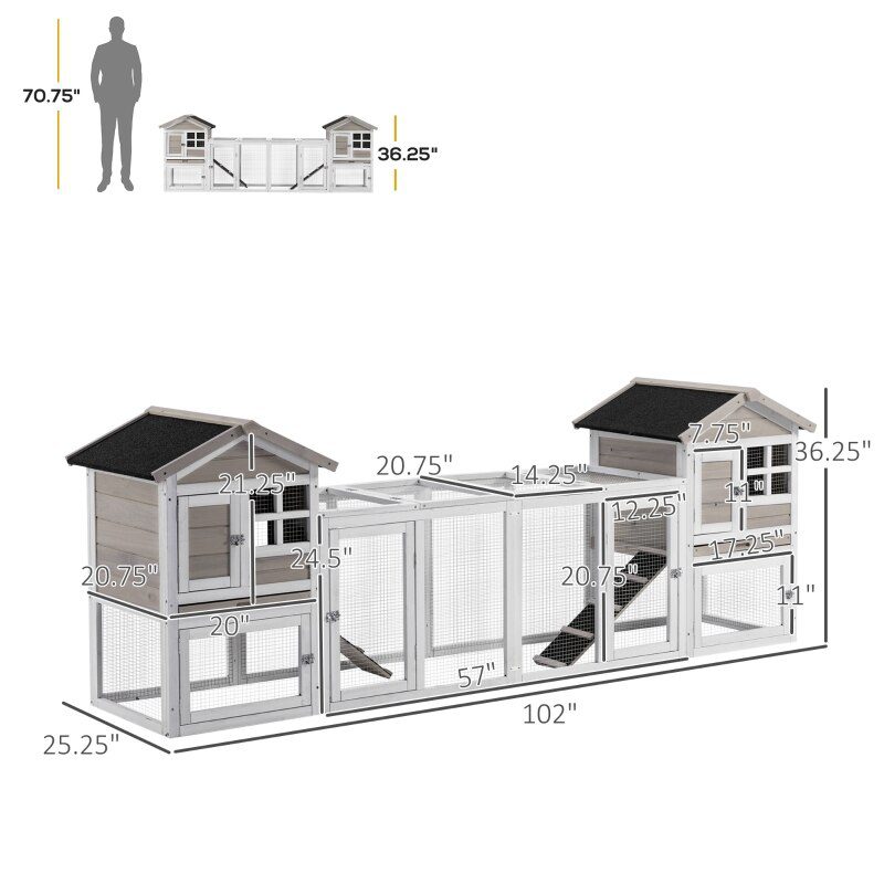 102" Wooden Rabbit Hutch Double Main House Pet Playpen Large Bunny House Enclosure with Run Box, Slide-out Tray, Ramp