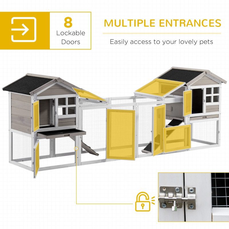 102" Wooden Rabbit Hutch Double Main House Pet Playpen Large Bunny House Enclosure with Run Box, Slide-out Tray, Ramp