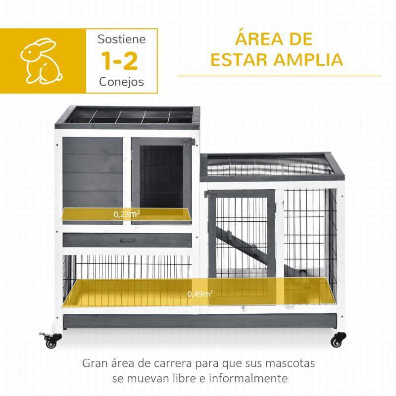 Wooden Indoor Rabbit Hutch Elevated Cage Habitat with Enclosed Run with Wheels Ideal for Rabbits and Guinea Pigs  Grey and White