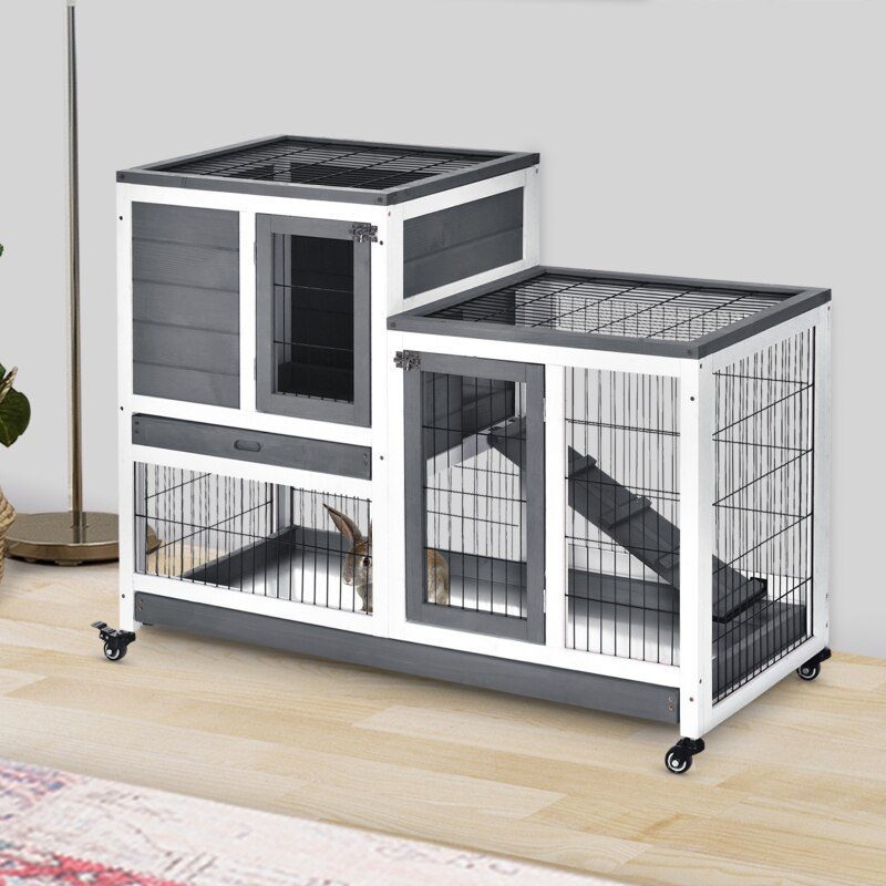 Wooden Indoor Rabbit Hutch Elevated Cage Habitat with Enclosed Run with Wheels Ideal for Rabbits and Guinea Pigs  Grey and White