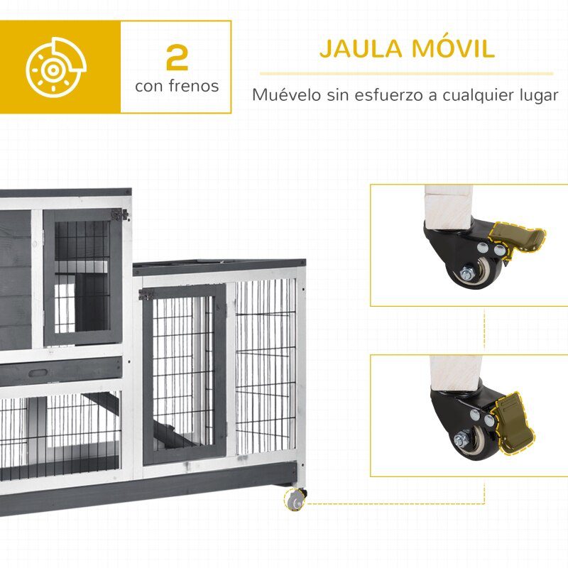 Wooden Indoor Rabbit Hutch Elevated Cage Habitat with Enclosed Run with Wheels Ideal for Rabbits and Guinea Pigs  Grey and White