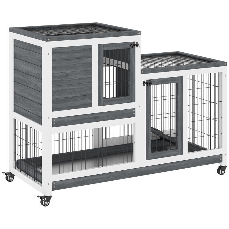 Wooden Indoor Rabbit Hutch Elevated Cage Habitat with Enclosed Run with Wheels Ideal for Rabbits and Guinea Pigs  Grey and White