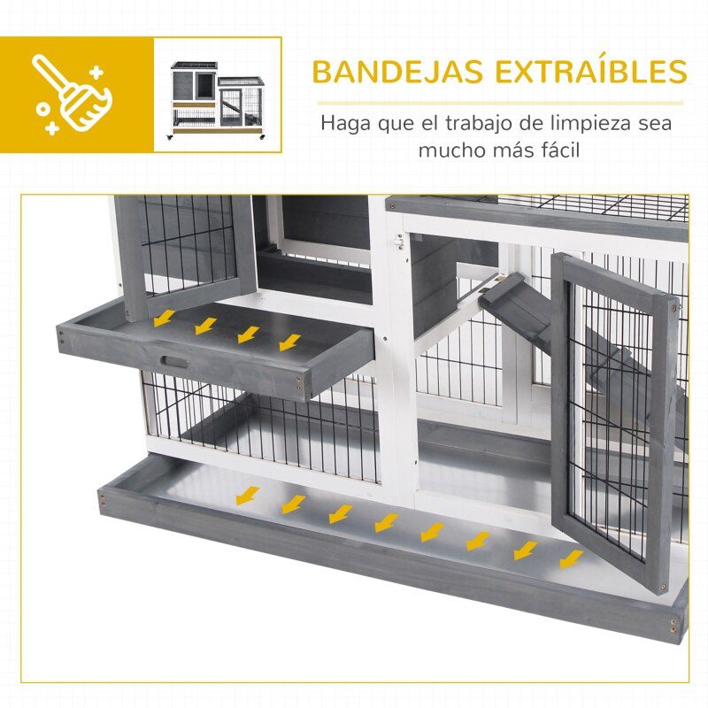 Wooden Indoor Rabbit Hutch Elevated Cage Habitat with Enclosed Run with Wheels Ideal for Rabbits and Guinea Pigs  Grey and White