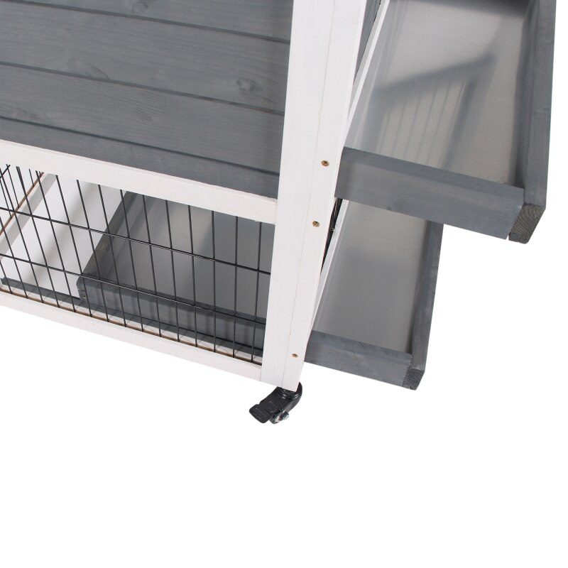 Wooden Indoor Rabbit Hutch Elevated Cage Habitat with Enclosed Run with Wheels Ideal for Rabbits and Guinea Pigs  Grey and White