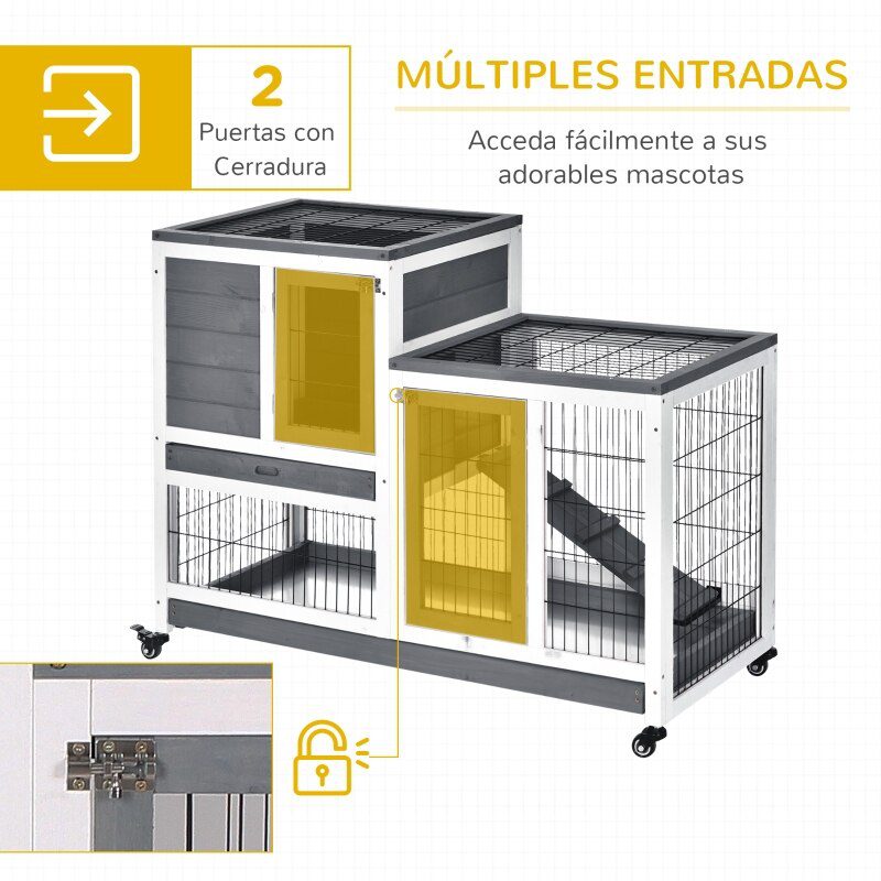 Wooden Indoor Rabbit Hutch Elevated Cage Habitat with Enclosed Run with Wheels Ideal for Rabbits and Guinea Pigs  Grey and White