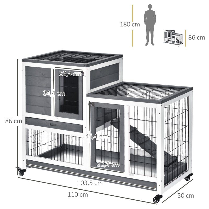 Wooden Indoor Rabbit Hutch Elevated Cage Habitat with Enclosed Run with Wheels Ideal for Rabbits and Guinea Pigs  Grey and White