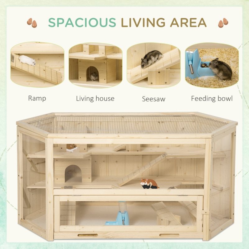 Wooden 3 Tier Hamster Cage, Hamster House with Seesaw, Ladder Activity Center and Feeding Bowl - Natural