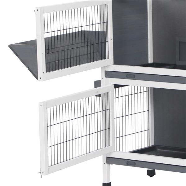 48" Two Tier Wooden Rabbit Cage Chicken Coop Wooden Pet Cat and Rabbit Cage with Feeding Trough Feet White Grey