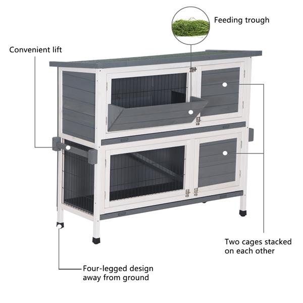 48" Two Tier Wooden Rabbit Cage Chicken Coop Wooden Pet Cat and Rabbit Cage with Feeding Trough Feet White Grey