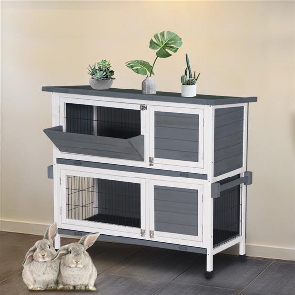 48" Two Tier Wooden Rabbit Cage Chicken Coop Wooden Pet Cat and Rabbit Cage with Feeding Trough Feet White Grey