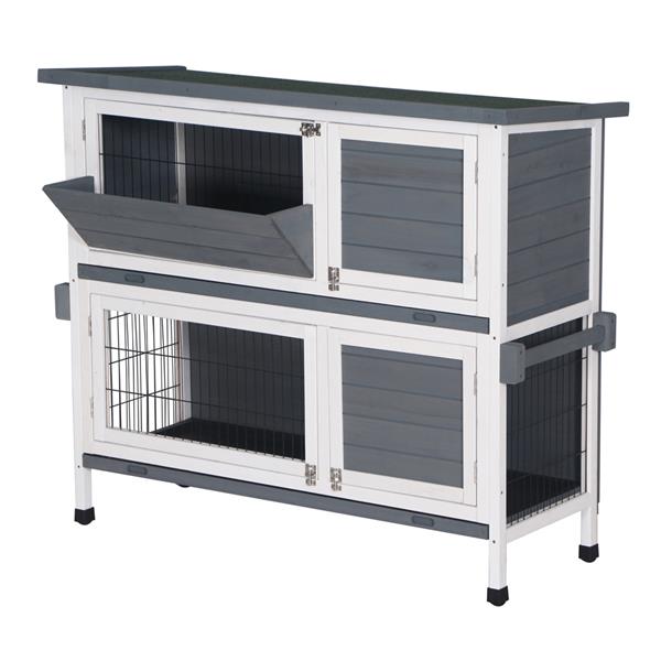 48" Two Tier Wooden Rabbit Cage Chicken Coop Wooden Pet Cat and Rabbit Cage with Feeding Trough Feet White Grey