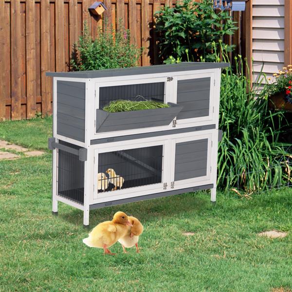 48" Two Tier Wooden Rabbit Cage Chicken Coop Wooden Pet Cat and Rabbit Cage with Feeding Trough Feet White Grey