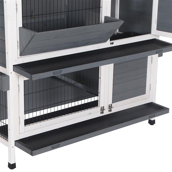 48" Two Tier Wooden Rabbit Cage Chicken Coop Wooden Pet Cat and Rabbit Cage with Feeding Trough Feet White Grey