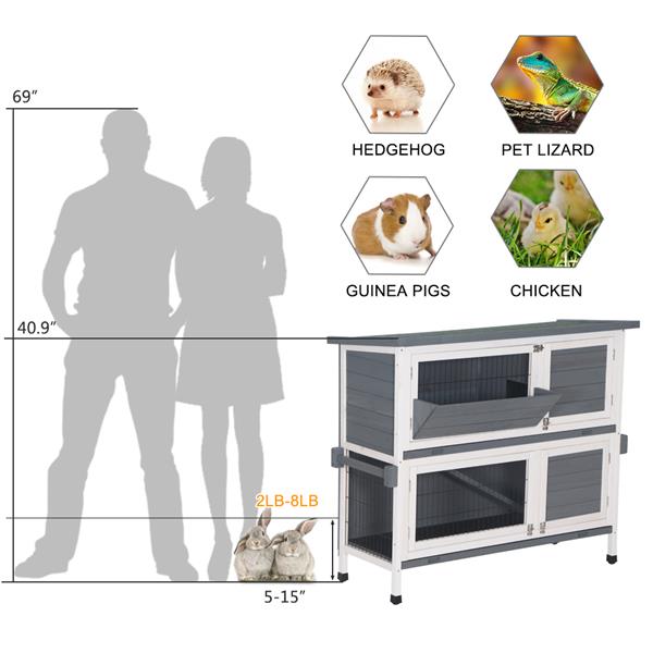 48" Two Tier Wooden Rabbit Cage Chicken Coop Wooden Pet Cat and Rabbit Cage with Feeding Trough Feet White Grey