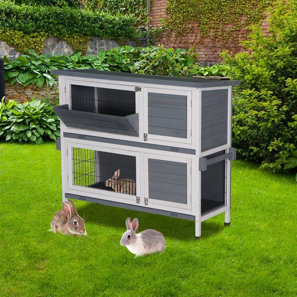 48" Two Tier Wooden Rabbit Cage Chicken Coop Wooden Pet Cat and Rabbit Cage with Feeding Trough Feet White Grey