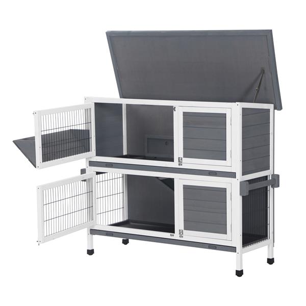 48" Two Tier Wooden Rabbit Cage Chicken Coop Wooden Pet Cat and Rabbit Cage with Feeding Trough Feet White Grey