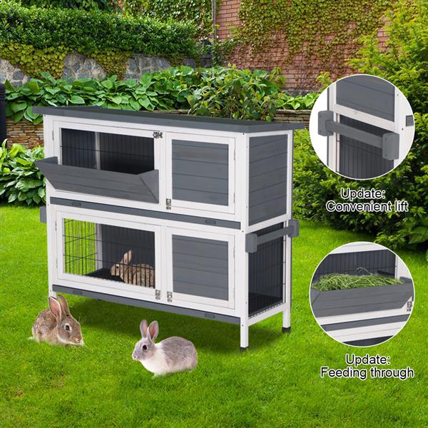 48" Two Tier Wooden Rabbit Cage Chicken Coop Wooden Pet Cat and Rabbit Cage with Feeding Trough Feet White Grey