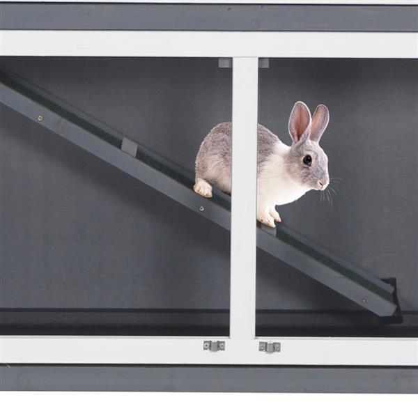 48" Two Tier Wooden Rabbit Cage Chicken Coop Wooden Pet Cat and Rabbit Cage with Feeding Trough Feet White Grey