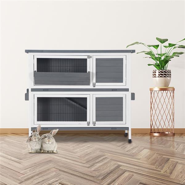 48" Two Tier Wooden Rabbit Cage Chicken Coop Wooden Pet Cat and Rabbit Cage with Feeding Trough Feet White Grey