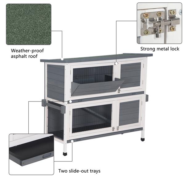 48" Two Tier Wooden Rabbit Cage Chicken Coop Wooden Pet Cat and Rabbit Cage with Feeding Trough Feet White Grey