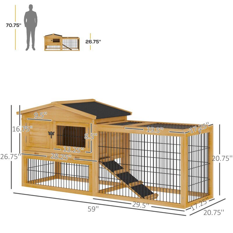 Solid Wood Rabbit Hutch with 2 House Levels and Patio Space 59" L x 20.75" W x 26.75" H